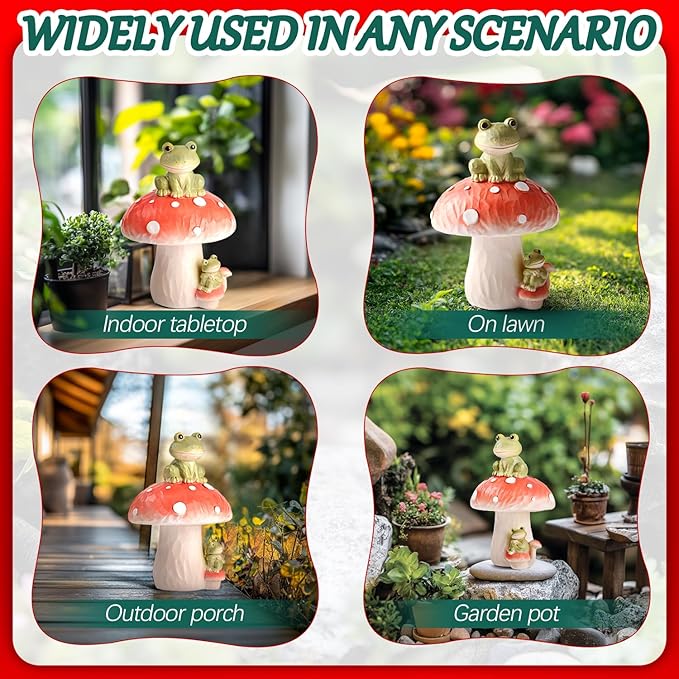 Frog Garden Decor Outdoor Statues, Mushroom Home Decor with Frog Figurines Outdoor Fairy Gardens Accessories Lawn Ornaments, Cute Garden Statues for Outside Yard Lawn Planters Art Decorations Gifts