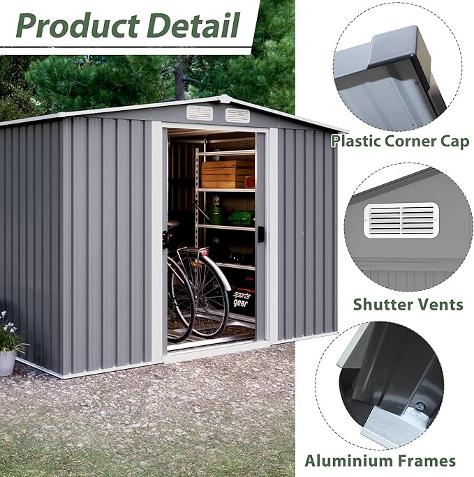 8x10 FT Outdoor Storage Shed, Metal Steel Utility Tool Shed Storage House with Double Lockable Doors & Air Vent for Backyard Garden Patio Lawn Gray