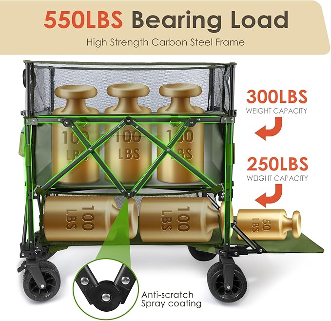 HOPERAN 550L XXL Wagons Carts Foldable, 54" Extra Length & Height Double Deck Collapsible Wagon Cart with Tailgate, 8" Big All-Terrain Wheels, 550lbs Load Utility Grocery Cart for Camping,Sports,Beach