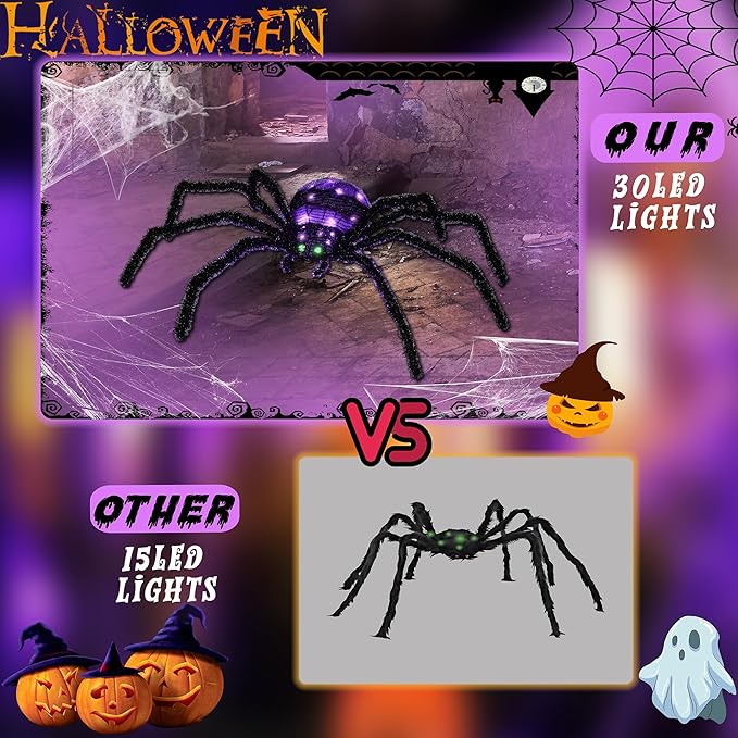 2 Pack 2.5Ft Giant Spider Halloween Decorations Outdoor 30" Light Up Spider with 30 LED Lights for Front Yard, Porch, Garden, Lawn, Halloween Party (Purple)
