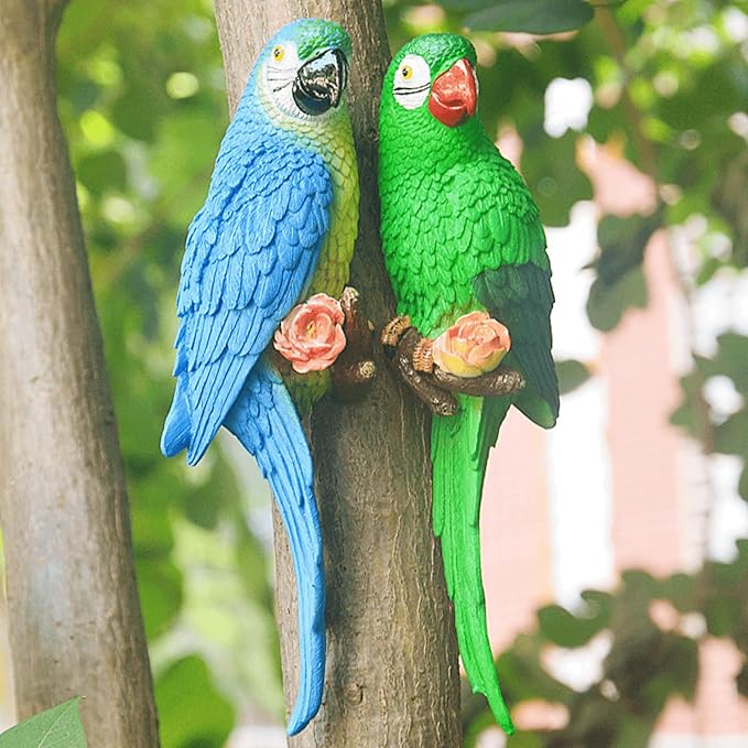 Bird Statue Garden Decorations,Outdoor Resin Bird Figurine Decoration,Bird Statue Real Parrot Figurine,Flapping Macaw Bird Tropical Decor Wall Sculpture, Polyresin, Full Color