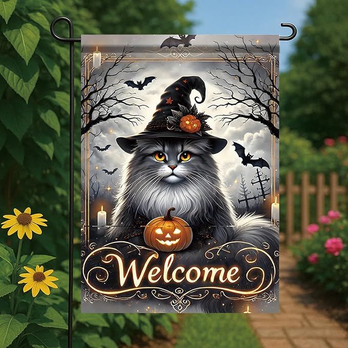 Halloween Garden Flag Maine Coon Cat Flag 12x18 Inch Double Sided Outdoor Holiday Yard Decoration Seasonal House Lawn Decor Porch Patio Farmhouse Outside Fall Welcome Banner