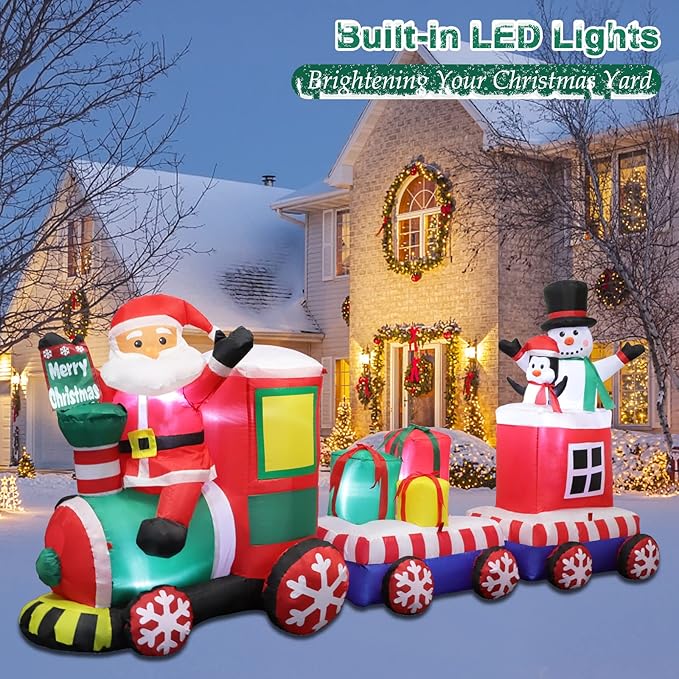 8 FT Christmas Inflatable Train with Santa Claus, Snowman, Penguin, Gift Boxes, Blow Up Yard Decorations with Built-in Lights, Lovely Xmas Train Carriage for Holiday Display Lawn Garden Party Decor