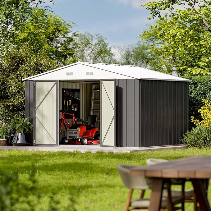 Patiowell 10 x 8 FT Outdoor Storage Shed, Large Garden Tool Metal Shed with Sloping Roof and Double Lockable Door, Outdoor Shed for Backyard Garden Patio Lawn,Grey