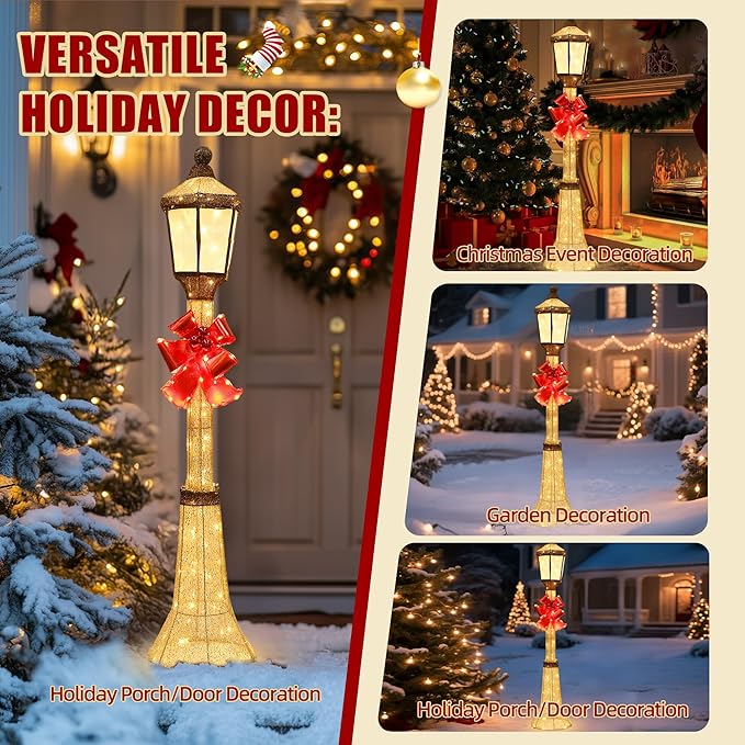 60-Inch Outdoor Christmas Decorations Outdoor Lighted Lamp Post 3D Lamppost LED Lighted Post Christmas Decoration with 128 LED Lights & Bow Holiday Decorations for Yard, Porch, Patio