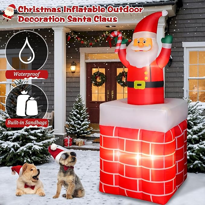 6FT Christmas Inflatables Santa Claus in The Chimney Automatic Up and Down, Outdoor Blow Up Santa Claus Yard Decorations Built-in LED Lights, Indoor Yard Party Lawn Garden Holiday Decor