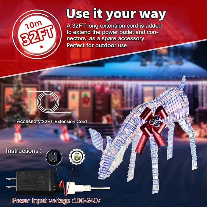 Christmas Decorations Outdoors Reindeer Family - Light up Christmas Decor Iridescent Deer 3 Piece with LED Lights, Extension Cord, Ground Stakes, for Outdoor Front Yard Porch - Iridescent