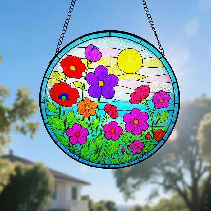 Stained Glass Window Hanging - Wildflowers Stain Glass for Indoor, Colorful Floral Suncatcher, Green Plant Decor for Balcony, Garden, Cottage,Birthday Gift for Women (12 Inch)