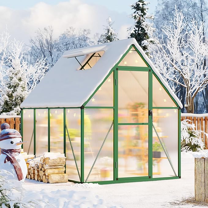 CABIHOME 6x7 FT Outdoor Greenhouse, Polycarbonate Greenhouse with Roof Vent and Ground Nails, Aluminum Large Walk-in Green House w/ Lockable Push Door for Outside Garden Backyard (Green, 6x7 FT)