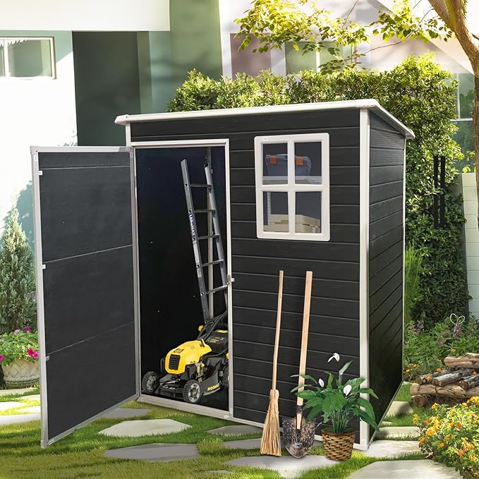 JT 5×3ft Resin Outdoor Storage Shed,Outdoor Storage Shed with Floor & Window to Store Patio Furniture, Garden Tools Bike Accessories, Beach Chairs and Lawn Mower. (Black, 5ft*3ft)