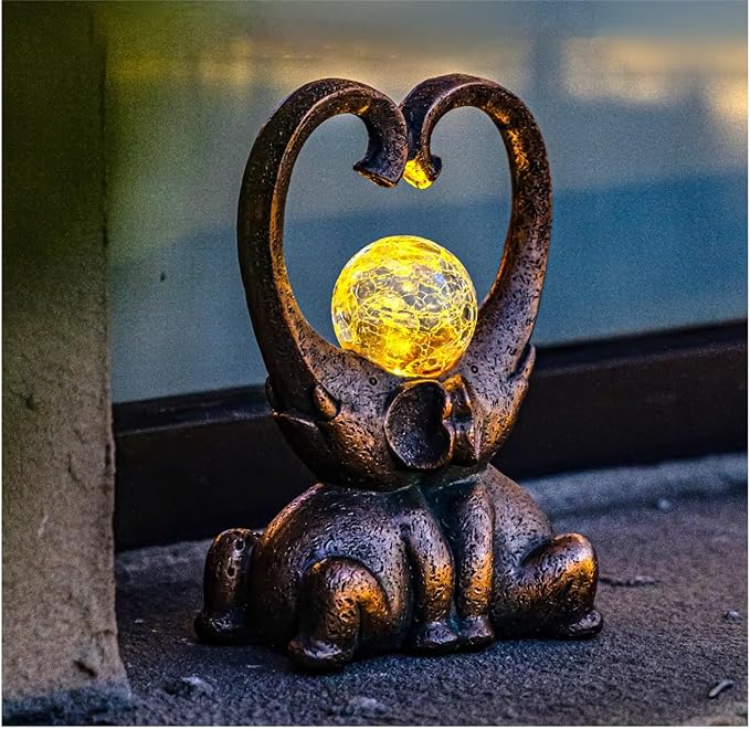 WHIMSYNOOK 7.9" Bronze Elephant Garden Statue with Heart-Shaped Trunks & Solar LED Light – Outdoor Decor for Porch, Lawn, Yard – Perfect Birthday, Housewarming Gifts for Mom and Elephant Lovers