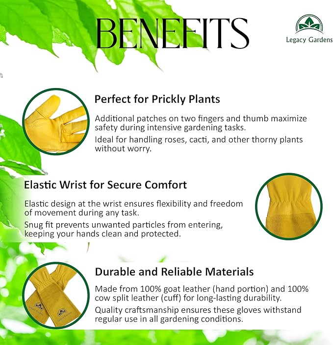 Leather Gardening Gloves for Women & Men, Long Garden Gloves, Cowhide Gauntlet Rose Pruning Thorn Resistant, Forearm Protection, 2XL, Yellow