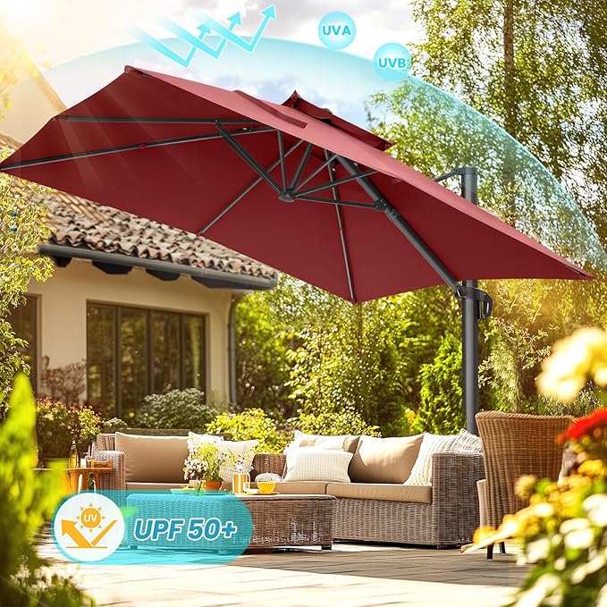 HOTIME10x10ft Patio Umbrella Cantilever Umbrella Double Top - Upgrade and Intensify - 360 Rotation and 5 Angles Adjustment - Aluminum Offset Pool Umbrella Outdoor Umbrellas for Patio Garden Deck Pool