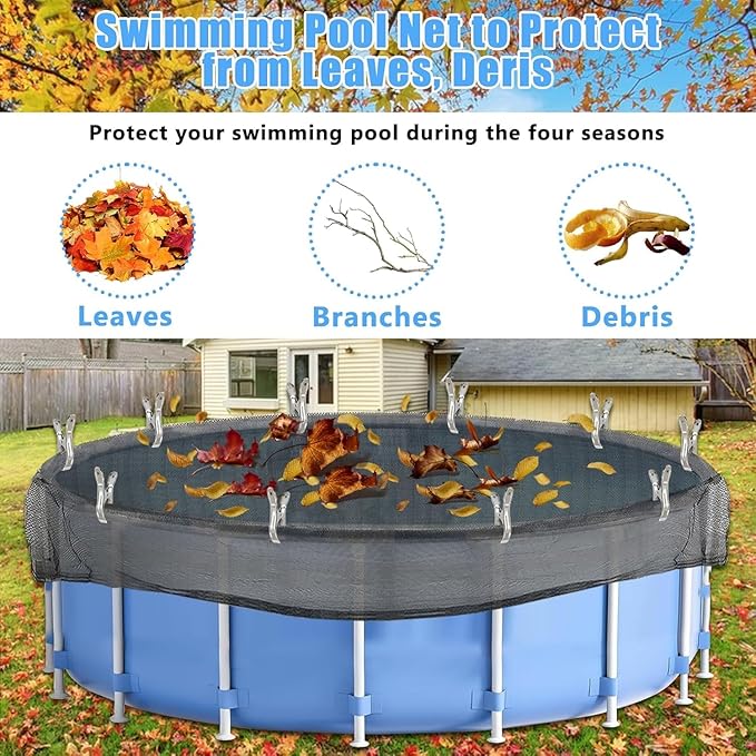 28 Feet Round Leaf Net Cover for Above Ground Pool, Winter Cover Mesh Cover with 20 Pcs Large Metal Clips，Pool Safety Net Fits 28FT Above Ground Pools, Keeps Leaves Out of Your Pool