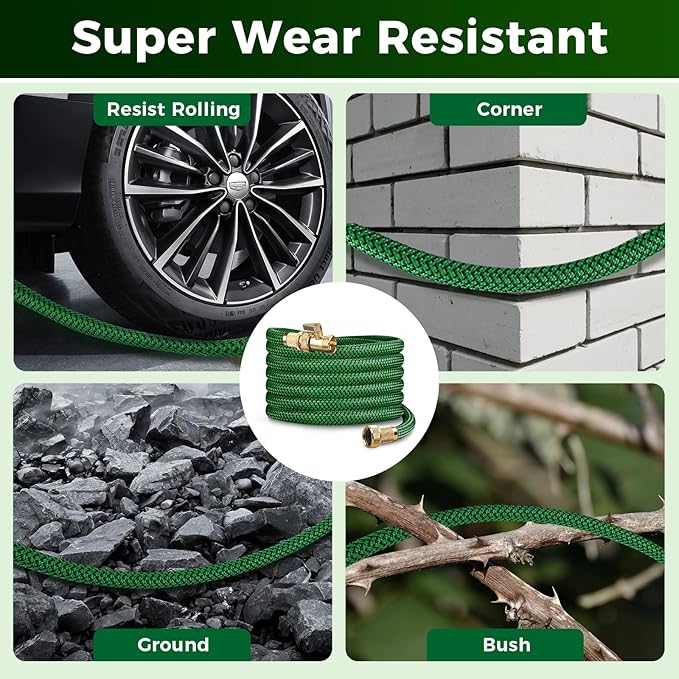 Upgraded Garden Hose 50ft, Non-Expandable Hose, Heavy Duty Kink-Resistant Flexible Water Hose with High-Density Fabric,LeakProof Hose Metal Shut-Off Valve Connector for Patio, Car Wash. (50FT)
