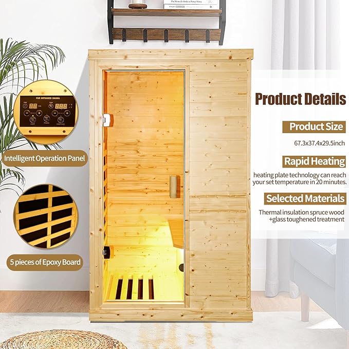 Far Infrared Sauna 1 Person Sauna Room Home Spruce Wood Indoor Saunas 900W/110V Low EMF Dry Sauna 5 Energy Saving Heating Panels, Built-in Control Panel, Speakers, Reading Lights and Circulation Vents