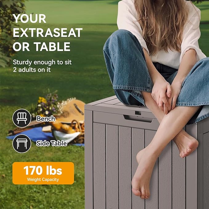 NUNU LAB Outdoor Storage Box, 32 Gallon Deck Box Indoor Outdoor Storage Bin, Waterproof Resin Patio Storage Box for Garden Tools, Package Delivery, Pool Accessories Lockable