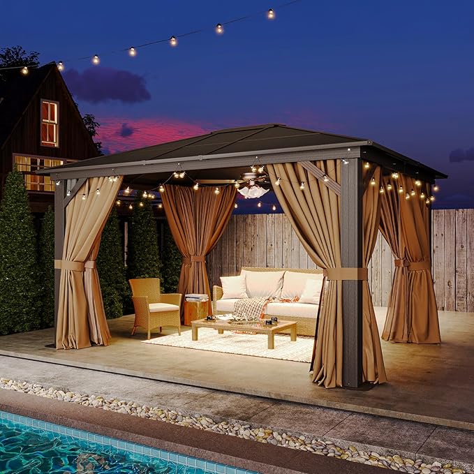 Aoxun 10' x 12' Gazebo Single Polycarbonate Top, Outdoor Aluminum Frame Permanent Gazebo with Curtains and Netting, for Patio, Party, Backyard, Garden and Lawn