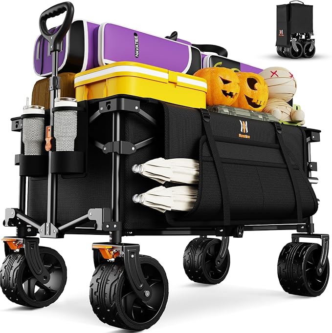 Navatiee Big Wheels Collapsible Wagon Cart Foldable, Heavy Duty Beach Wagon with Silent All-Terrain Wheels, Folding Utility Grocery Cart with Side Pocket and Brakes for Camping Garden Sports, Black