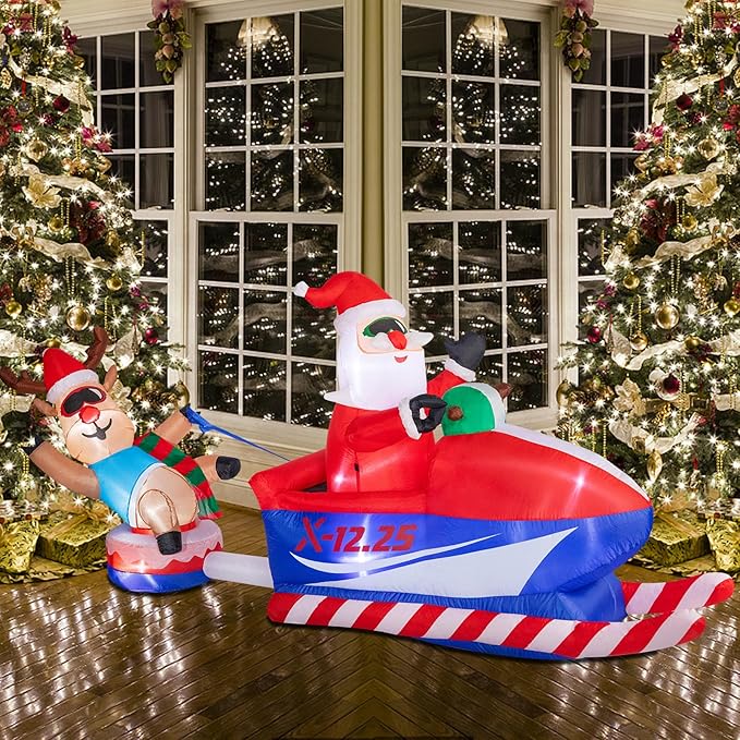 8.46 FT Christmas Inflatables Outdoor Decorations Christmas Blow Up Snowmobile Santa Claus and Reindeer Sleigh with LED Light for Lawn Garden Holiday Party Yard Xmas Decor