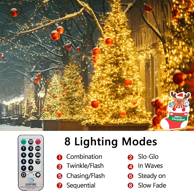 50FT 1000 LED Cluster Christmas Lights, Christmas Tree Lights Outdoor 8 Modes with Timer & Remote, Firecrackers String Lights Waterproof for Garland Party Xmas Decorations, Warm White