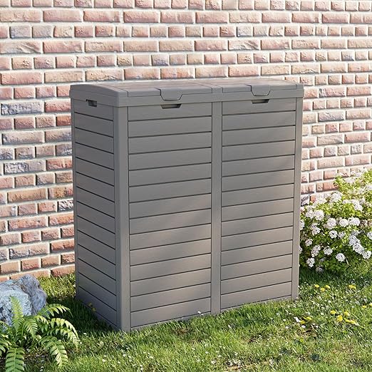 Outdoor Trash Can with Lid, Outdoor Trash Bin & Pull-Out Liquid Drawer, Dual Lid Closure Design, Waterproof Resin Garbage Can Container for Patio, Backyard, Deck (Grey, 62 Gallon)