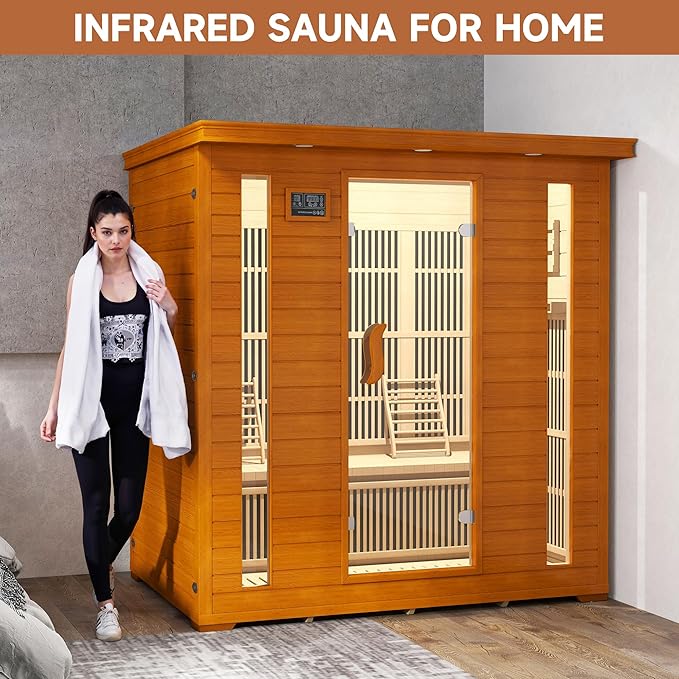 springspa 4 Person Infrared Sauna Room, Low EMF FAR Infrared Sauna for Home, Canadian Hemlock Wooden Indoor Sauna, with 10 Heating Panel, 2 LCD Panel, Bluetooth Speaker, 7 Therapy Light