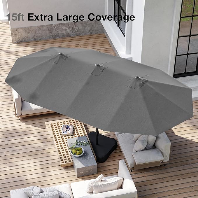 Joyside 15FT Large Patio Umbrella with Base Included, Outdoor Double Sided Umbrella, Rectangle Umbrella with Crank Handle, 12 Sturdy Ribs for Deck, Porch and Pool