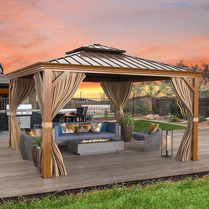 MELLCOM 12'x12' Hardtop Gazebo, Wood Grain Aluminum Frame Outdoor Gazebo with Double Galvanized Steel Roof, Permanent Metal Pavilion with Curtains and Nettings for Patio, Backyard, Deck and Lawns