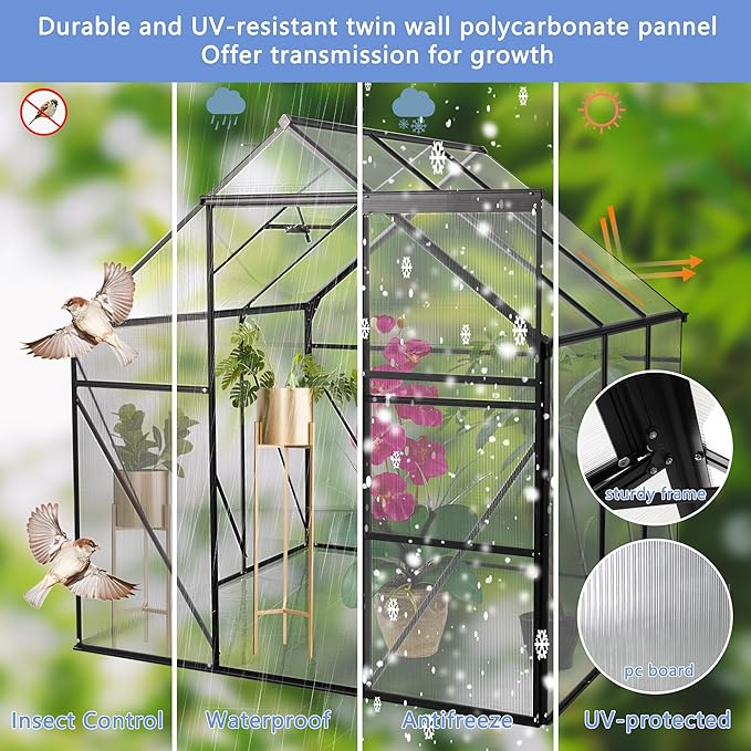 Favfurish 6X6 FT Polycarbonate Greenhouse, All Season Heavy Duty Walk-in Garden Plants Green House for Outdoor Backyard, Raised Base and Anchor Aluminum, Black