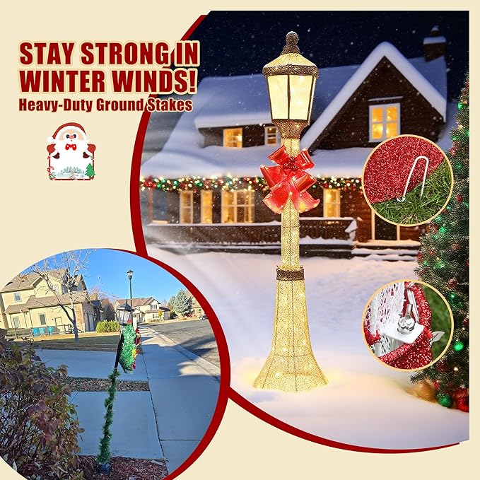 60-Inch Outdoor Christmas Decorations Outdoor Lighted Lamp Post 3D Lamppost LED Lighted Post Christmas Decoration with 128 LED Lights & Bow Holiday Decorations for Yard, Porch, Patio