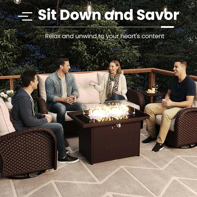 10 Pieces Patio Furniture Sets with Fire Pit Table, Wicker Rattan High Back Outdoor Swivel Rocking Chairs Set with 3-Seat Couch, Ottomans and Side Table