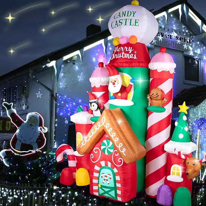 Hioasis 10 FT Christmas Inflatable Decorations,Gaint Candy Castle Inflatable with Santa,Reindeer,Penguin,Gingerbread - Blow Up Yard Outdoor Decorations with LED Lights Built-in,Perfect for Christmas