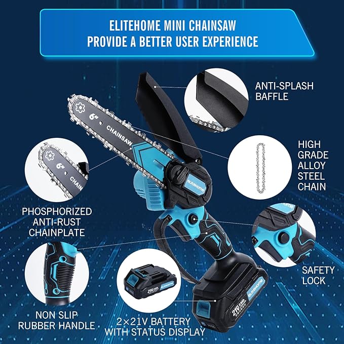 EliteHome Mini Chainsaw Cordless 2 Batteries 6 Inch Electric Portable Handheld Small Chain Saw Battery Powered for Tree Trimming wood cutting