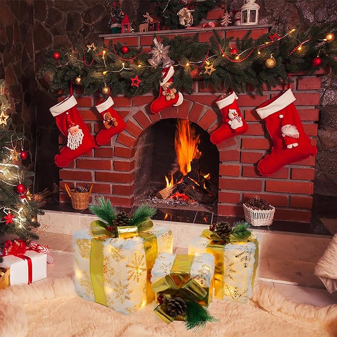 Set of 3 Christmas Lighted Gift Boxes, 60 LED Light Up Present Boxes for Christmas Decorations Indoor Xmas Tree Holiday Party Porch Home Decor (Gold Bow)