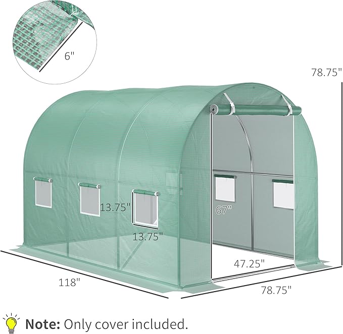 Outsunny 9.8' x 6.6' x 6.6' Plastic Greenhouse Cover Replacement, Heavy Duty Waterproof Tarp for Hoop House, Sheeting with 6 Windows, Door & Reinforcement Grid, Green