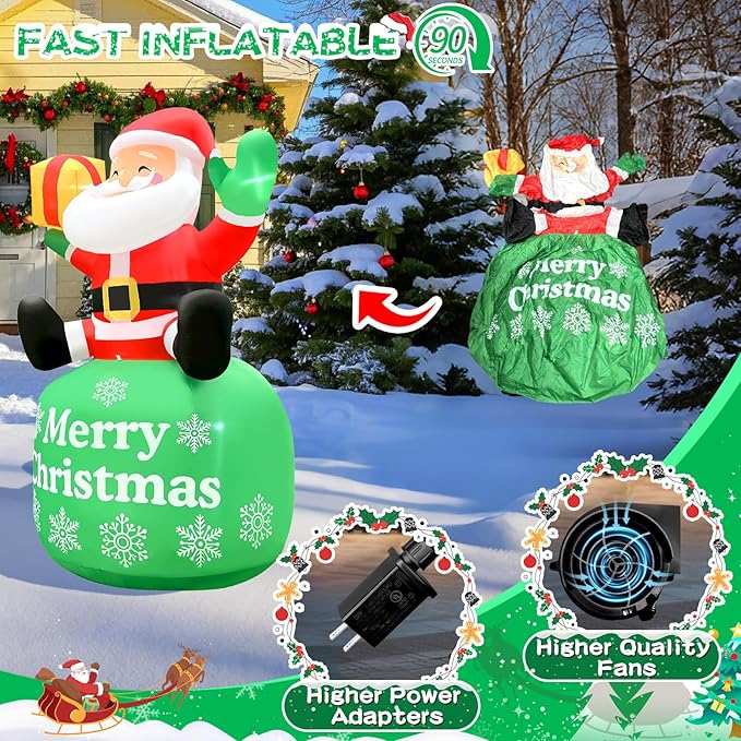 2025 Christamas Inflatable Santa 8FT Sitted Santa Claus with Gift Box Christamas Inflatables Outdoor Decorations Xmas Santa Blow Up Yard Decor with Built-in 5 LEDs for Holiday Party Yard Garden Lawn