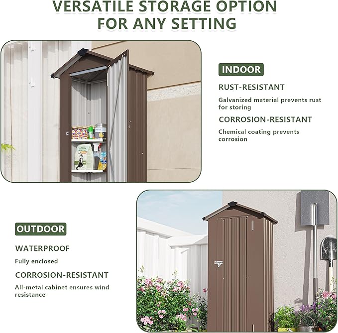 KEIKI Outdoor Storage Shed 2.5' x 1.4', Metal Tool Cabinet with Sloping Roof & Lockable Door, Small Top Tall Shed for Backyard, Garden, Patio, Lawn, Brown