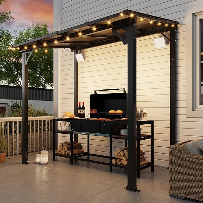 MEISSALIVVE 8' x 5' Gazebo Outdoor Pergola for Patio, Small Wall Mounted Lean to Metal Awnings with Sloped Roof, Heavy Duty Awnings for Patio, Decks, Backyard, Black