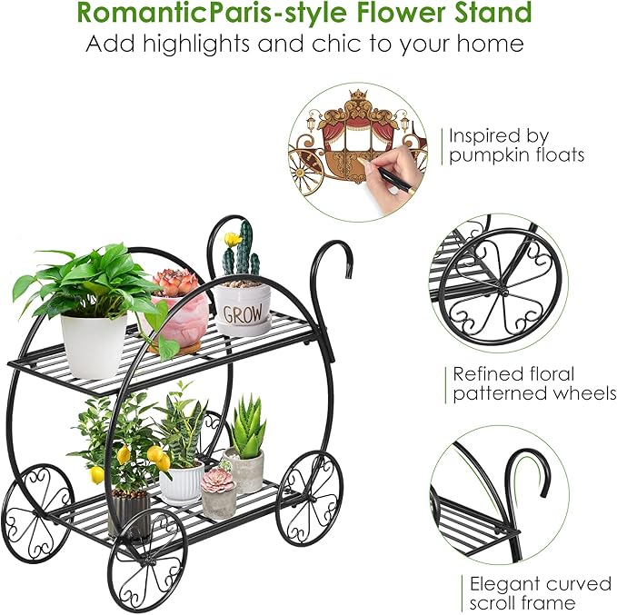 S AFSTAR Metal Plant Stand, Two Tiered Garden Cart Shelf for Indoor Outdoor Home Garden Patio, Parisian Style Flower Pot Holder, Stable and Durable
