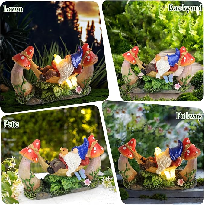 Outdoor Garden Gnome Statue,Solar Gnomes Figurine Lying on Hammock with Bird and Mushrooms,Outdoor Garden Decoration for Patio Yard Lawn Porch,Gifts for Mom/Grandma/Women