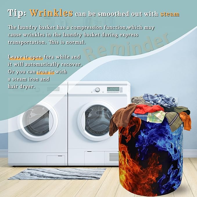 Red Blue Fire Flame Laundry Basket Foldable With Handles Cool Tote Bag Oxford Cloth Colorful Laundry Hamper Clothes Storage Bucket Toy Organizer For Bathroom/Laundry/Bedroom 18.9" x 16.5 "