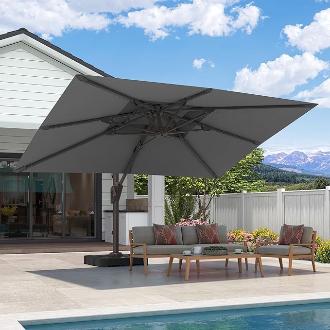 9x12 FT Cantilever Patio Umbrella with Base Included Double Top Outdoor Rectangular Large Heavy Duty Aluminum Offset Umbrellas with 7 Level Tilt 360-degree Rotation for Pool Garden Deck, Grey