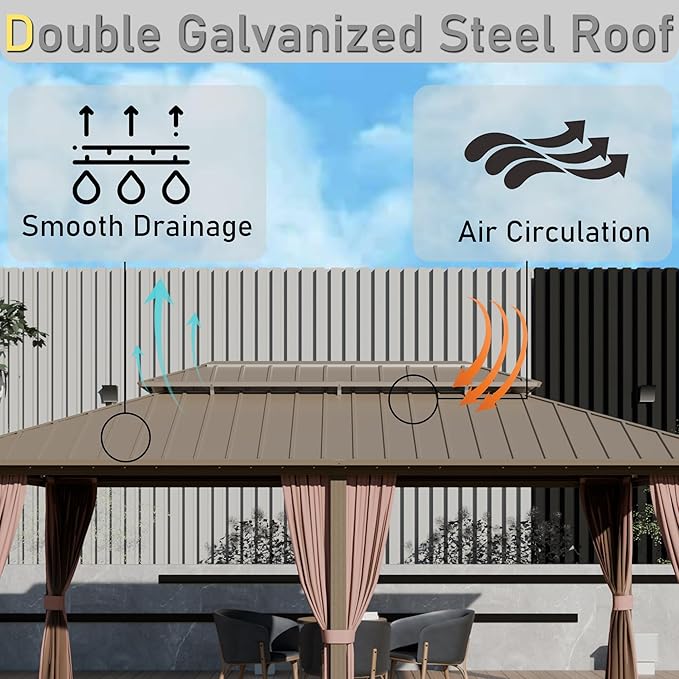 12'x18' Hardtop Gazebo, Outdoor Aluminum Frame Galvanized Steel Double Roof Pavilion with Netting and Shaded Curtains, Permanent Metal Pergolas for Patio, Backyard, Deck and Lawns.