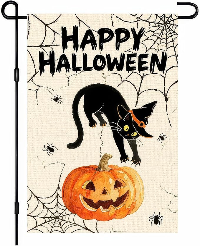 Garden Flags 12x18 Inch Halloween Black Cat Pumpkin Spider Web Design Fall Outdoor Banner Holiday Yard Decoration for Porch Lawn Garden Party Display Sign