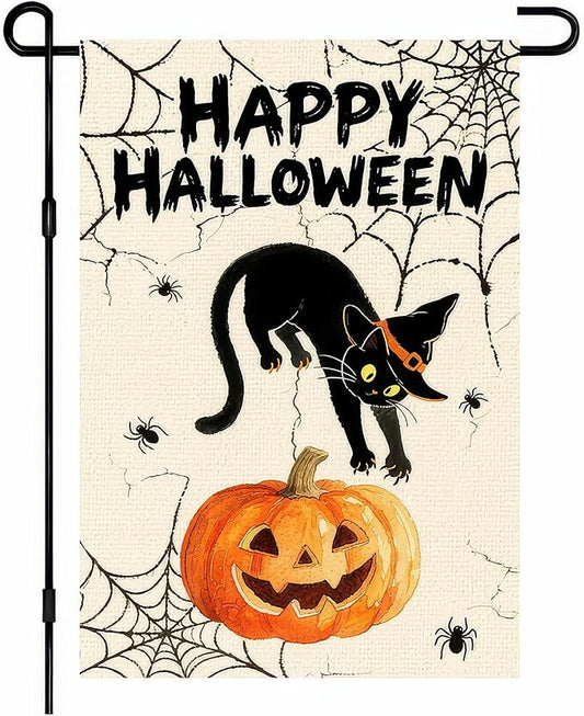 Garden Flags 12x18 Inch Halloween Black Cat Pumpkin Spider Web Design Fall Outdoor Banner Holiday Yard Decoration for Porch Lawn Garden Party Display Sign