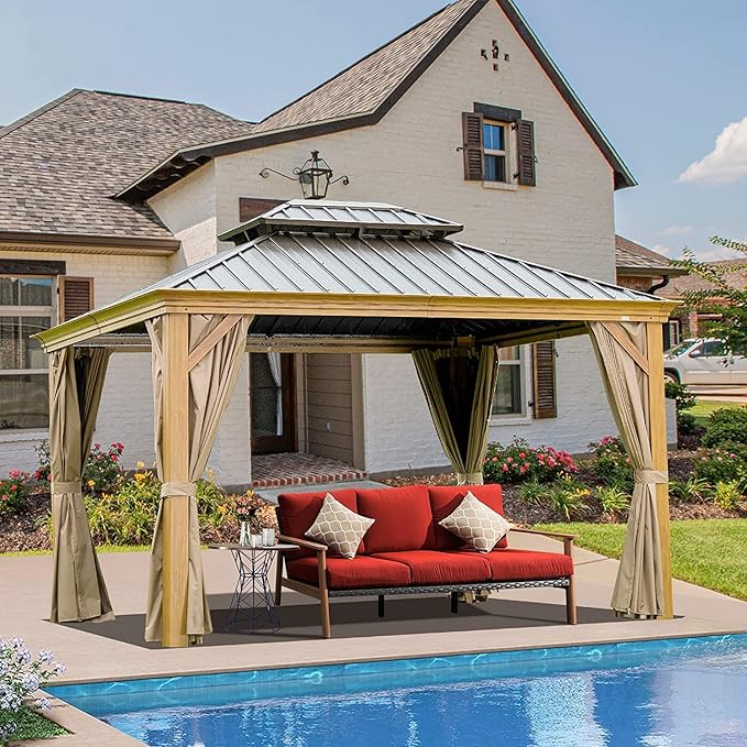 Domi 12' x 14' Hardtop Gazebo Permanent Aluminum Gazebo with Wood-Looking Frame, Galvanized Steel Double Roof, Curtains and Netting for Patio, Lawn, and Garden