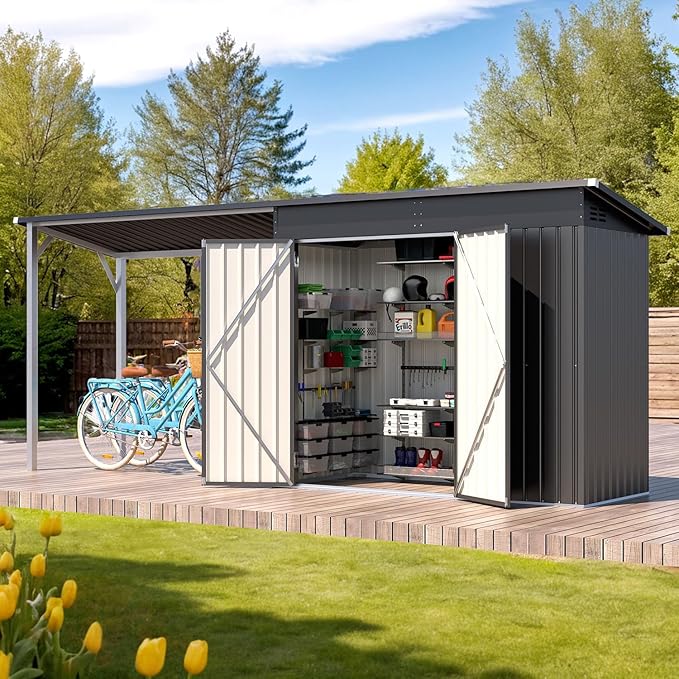 AECOJOY 14x4FT Metal Lean to Shed with Open-Sided Pergola, 4'x8' Outdoor Storage Shed & 6'x4' Attached Hardtop Gazebo Combo, 56 Sq.Ft Covered, 2-in-1 Small Sheds & Outdoor Storage for Patio, Backyard