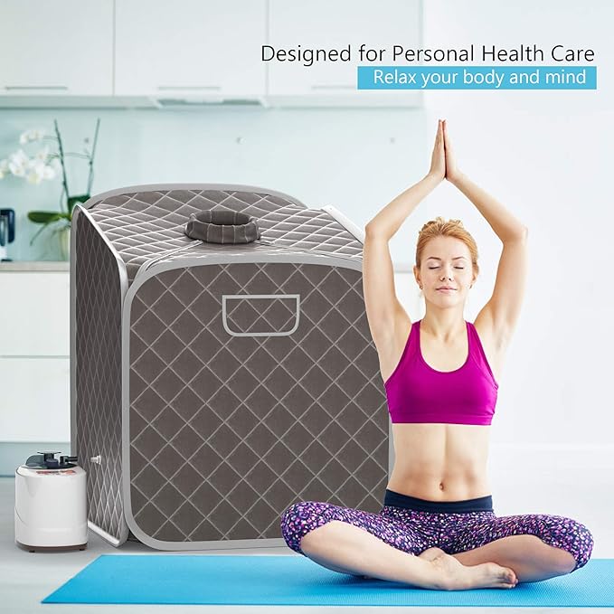Giantex Portable Steam Sauna Spa 2L Folding Private Sauna Tent W/Chair Foot, Massage Roller, Absorbent Pad,9 Adjustable Temperature Levels for Stress Fatigue 33 x 33x 42 Inch (Gray)
