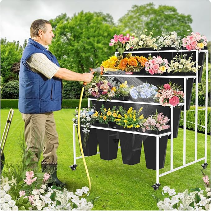 4 Layers Flower Display Stand with Buckets, 16 PCS Buckets Plant Stand with Wheels, Movable Metal Plant Stand for Terrace Garden, Living Room, Florist Shop